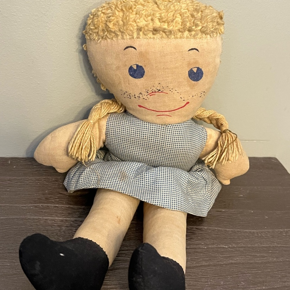 Handmade Rag Doll with Blue Dress and Black Shoes